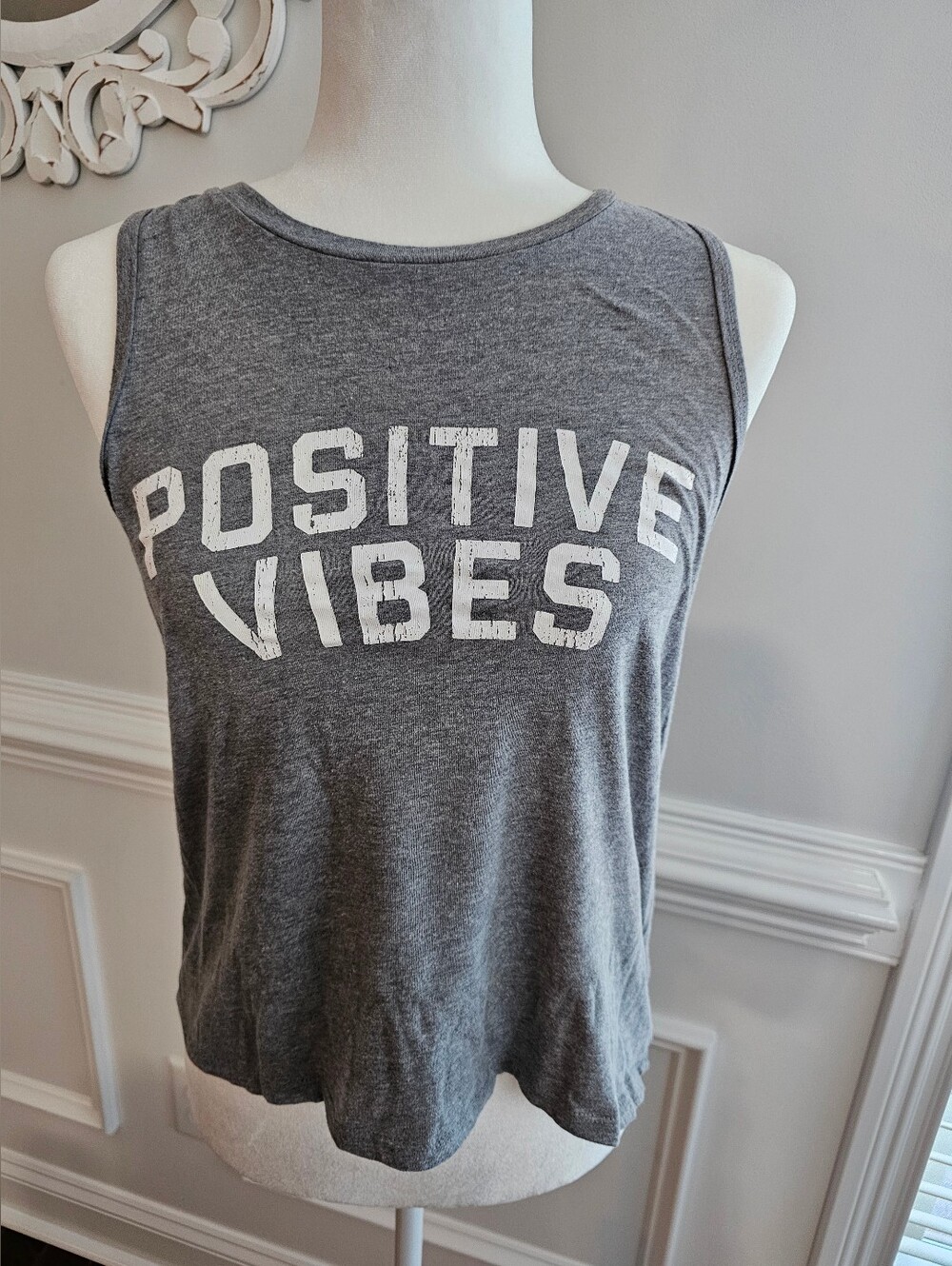 Fifth Sun Heather Gray "Positive Vibes" Graphic Yoga Cotton Tank Medium
